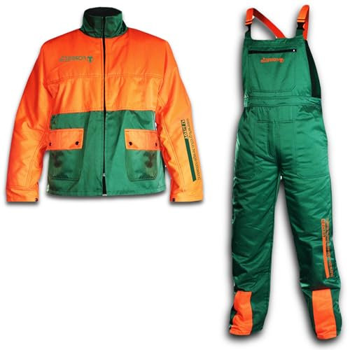 BricoLoco.com Bricoloco Giacca e Salopette pantaloni antitaglio Motosega 65% Poliestere e 35% Cotone con 12 Strati di Materiale Ritardante Taglio e Fodera 100% Poliestere., Verde / Arancione, M