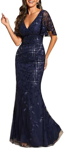 Ever-Pretty Vestido de Fiesta Manga Volante Sirena Largo Elegant Lentejuelas Escote en V para Mujer Azul Marino 50