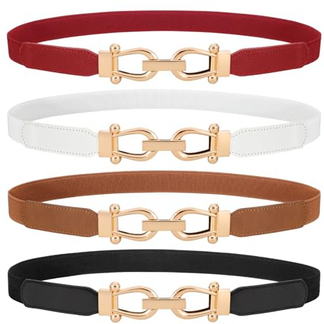 LEACOOLKEY smalt bälte dam tunt midjebälte stretchbälte dam elastiskt bälte för klänning guldspänne, F-svart + brun + vit + röd, (80cm)Fit Taille Größe 83cm-101cm