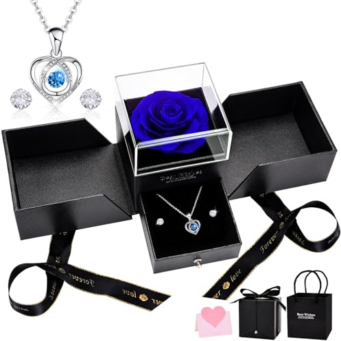 UUEMB Rosa Eterna, Azul Caja de Regalo de Rosa Preservada con Collar de Corazón y Aretes, Regalo de Cumpleaños de Aniversario Dia de la Madre Dia de San Valentín para Mamá Novia Hermana Mujeres