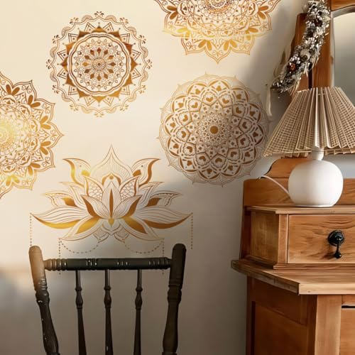 Runtoo Mandala Wall Stickers Boho Large Gold Lotus Floral Wall Decal Peel and Stick Bedroom Living Room Yoga Headboard Decor