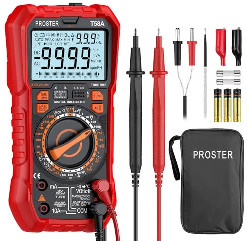Proster Multimetro Digitale 9999 Counts 10A 1000V TRMS con LOZ NCV HFE a Infrarossi Misuratore di Tensione Corrente Resistenza Capacità Frequenza Temperatura Ampio Display con Illuminazione e Supporto