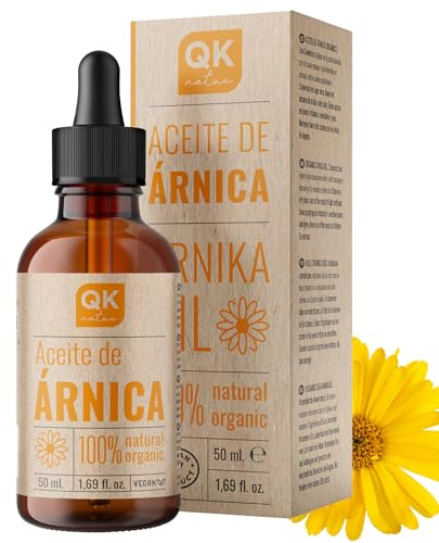 QKnatur Aceite de Árnica Montana 100% Puro y Orgánico – Aceite de masaje natural para alivio del dolor, tensión y cansancio muscular en cuello, hombros y espalda – Botella de vidrio 50 ml