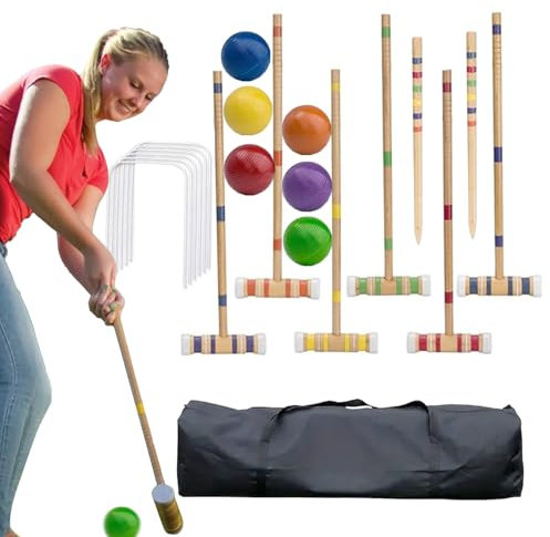 Krocket Set – träracketset, gräsmatta lekutrustning, familjeaktivitet utomhus | komplett trädgårdsspel set med färgbollar och bärväska för bakgård – underhållningsevenemang u