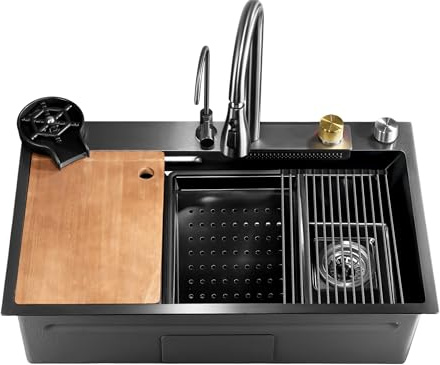 Serenelife fregadero cocina, Con grifo, Rejilla de drenaje, Canasta coladora, Tavla de cortar, Lavavasos, Acero inoxidable, Instalacion bajo o sobre encimera