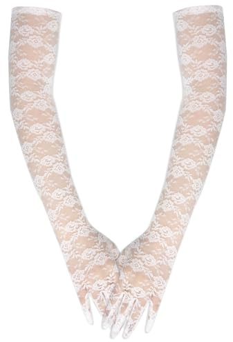 Lång behållare blommig spets lång armbågshandskar för kvinnor full finger opera te party brudhandskar eleganta långa spetsvantar för kväll bal bröllopskostym, Vitt, en storlek