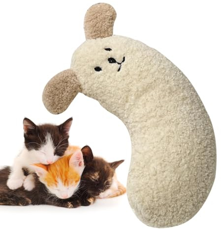 Cojín para Gatos, Suave y Esponjoso, Juguete calmante, Juguete de Peluche, Almohada en Forma de U para Dormir, Descansar, Jugar para Mascotas Perros y Gatos (38 x 15 cm + Orejas Caqui)