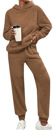 KBOPLEMQ - Completo da casa da donna invernale in pile Teddy, caldo, casual, a maniche lunghe, con cappuccio, 2 pezzi, composto da felpa con cappuccio e pantaloni, morbido, set per il tempo libero