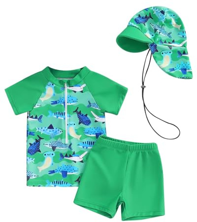 JiAmy Traje de baño para niños pequeños y jóvenes, ropa UV para niños, protección de una pieza, traje de baño, ropa de protección con sombrero para el sol, verde, 6-12 meses