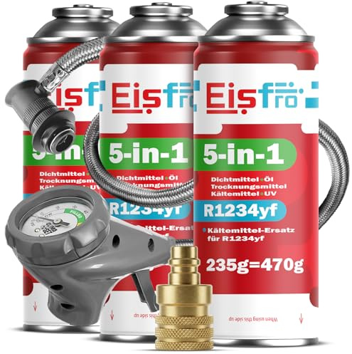Eisfro - 5in1 R1234yf XL + Hose + YF Car Air Conditioning Adapter with Oil, Sealant, UV Dye and Desiccant – Quick Application – Protects the Compressor – 3x235 g