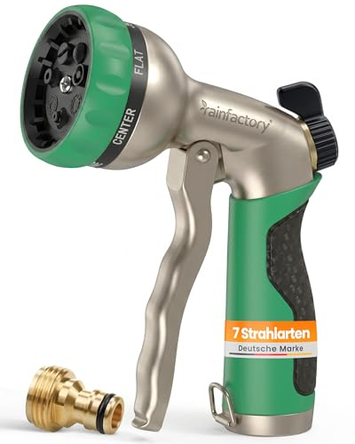 rainfactory Pistolet Tuyau d'Arrosage Métal 7 Jets Haute Pression – Pommeau Arrosage Jardin avec Régulation de Débit – Douchette Jardin Robuste pour Arrosage, Nettoyage et Lavage Auto