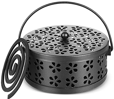 Whiidoom Portable Iron Mosquito Coil Holder with Handle Round Heat-Resistant Incense Holder (Black)