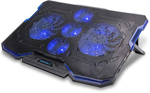 ENHANCE Cryogen Gaming Laptop Cooling Pad - Fits 17 in Computer- Adjustable Laptop Cooling Stand with 5 Quiet Cooler Fans, 2 USB Ports and LED Lighting - Slim Portable Design 2500 RPM (Blue)
