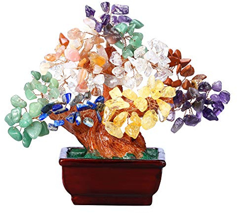 Jovivi Natural 7 Chakra Gemstone Crystal Money Tree Resin Base Bonsai Feng Shui Decorations for Wealth and Luck 6.3-6.7
