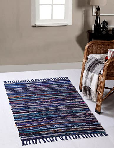 Second Nature Online Blue Multi Colour Festival Rag Rug Small Hand Made Reversible Mat GoodWeave Certified 60 cm x 90 cm