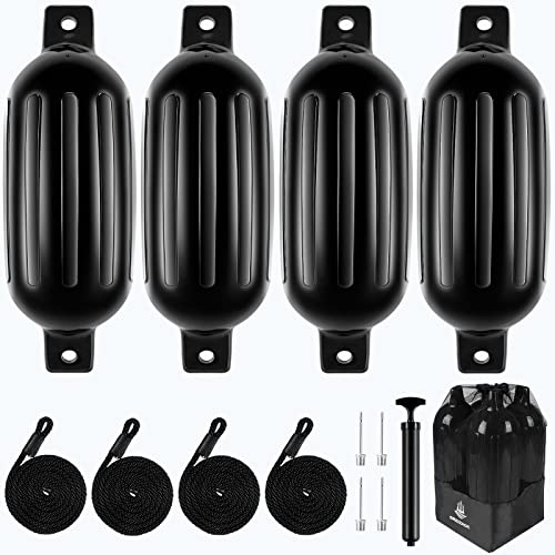 Dreizack Boat Fenders 4 Pack 6.5x23, Boat Bumpers for Docking with 4 Ropes, Inflatable Ribbed Marine Pontoon Boat Fender Bumper for Docks with 1 Storage Bag, 1 Air Pump and 4 Needles, Black