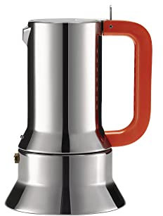 Alessi 9090/6 100 Manico Forato Caffettiera Espresso di Design 6 Tazze, in Acciaio Inossidabile 18/10 con Fondo Magnetico, Manico Forato e Colorato, Arancio