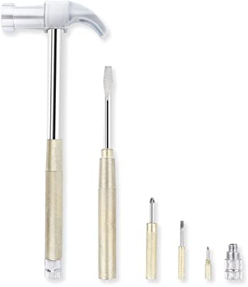 YOUMI 6 in 1 Metal Hammer & Screwdriver Multitool Set with Anti-Slip Grip Handle Slotted/Flat Head Phillips Screwdriver Nail Puller and Claw Hammer Best Gift for Sweetheart(Silver Yellow)