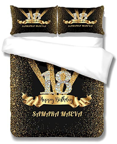 WDBBY Jugendbett-Set, Kinderbettwäsche, Alles Gute zum 18. Geburtstag schwarz und Gold 135x200 cm für Jungen und Mädchen, Teenager-Bettwäsche-Set, 3D-Digitaldruck Polyesterfaser ist super weich