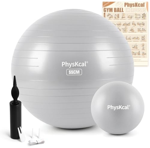 PhysKcal 55cm Grey Thick Gym Ball and 23cm Pilates Ball Set, Anti-Burst Gym Ball, Non-Slip Seat Ball, Balance Ball, Yoga for Home, Gym and Office