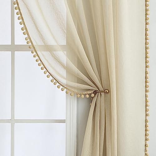 MIULEE Tende Camera da Letto con PON PON, 2 Pezzi Beige Corallo Tende per Finestre Soggiorno (2X L 140 x A 245cm), Trasparenti Tende con Anelli, Tende Cameretta Bambini con Pompon, Tende Interni Casa