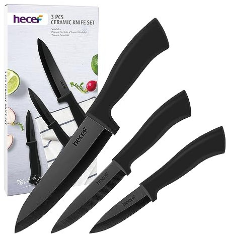 hecef Set di Coltelli in Ceramica, 3 pezzi Professionali Coltelli Ceramica da Cucina Mai Arrugginito, Inclusi 6'' Coltello da Cucina, 4'' Coltello da Frutta, 3'' Coltello di Sbucciatura (Nero)