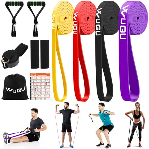 WuGU Bande Elastici Fitness di 4 Livelli di Resistenza, con Ancoraggio Porta, Maniglie e Cover Protettiva, Elastici Palestra per Stretching, Allenamenti di Resistenza, Potenziamento Muscolare