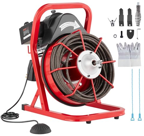 VEVOR Rohrreinigungsmaschine 75 Fuß x 1/2 Zoll, Kanalisationsspirale mit manueller Zuführung, 370 W elektrische Rohrreinigungsmaschine mit 4 Schneidern und luftaktiviertem Fußschalter für 2 bis 4 Zoll