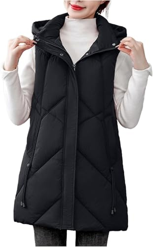 Suncadmious Gilet Lungo Trapuntato Caldo Invernale da Donna Caldo e Lungo con Cappuccio Giacca Invernale Casual Senza Maniche Caldo Gilet con Collo Alto (Nero,XXL)