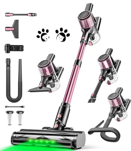 SUXIANGVAC Aspirapolvere Senza Fili 45KPa/500W/45min, Scopa Elettrica Potente a Batteria con 3 Livelli, Display LED, Spazzola Anti-Avvolgimento per Pavimenti, Tappeti, Capelli, Auto - Rosa