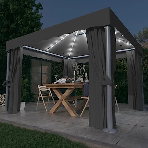 Gazebo da Giardino 3x3 m con Luci LED Solari, Struttura in Alluminio e Acciaio, Tende e Zanzariere Integrate, Doppio Tetto Ventilato, Ideale per Feste e Campeggio, Colore Antracite