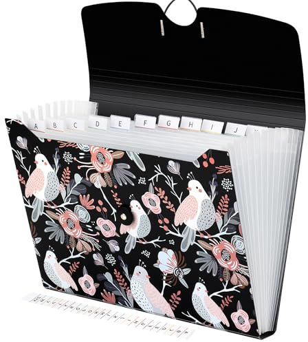 Uquelic 13 Pockets Expanding File Folder with Labels, A4 File Organizer, Floral Printed Accordion Folder, Transparent Inner Pages Document Filing Box for School Office Supplies (Bird Print)