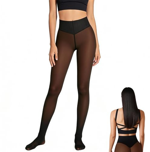 nnOuOnn One-Seam Translucent Fleece Lined Tights, New Compression Band Model Thermal Tight For Women, Magic Bare-Leg Fleece Leggings, High Waisted With Tummy Control & Butt Lifting Design (L, Deep)