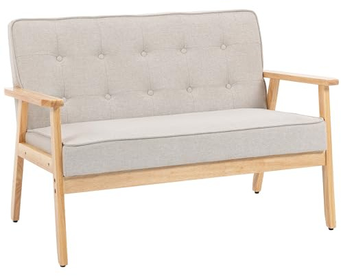 HOMCOM Sofá de 2 Plazas, Tapizado en Lino Sintético, Sofá Nórdico con Patas y Reposabrazos de Madera de Caucho, Respaldo Acolchado, para Salón, Dormitorio, Oficina, Sala de Estar, 113x67x78 cm, Beige