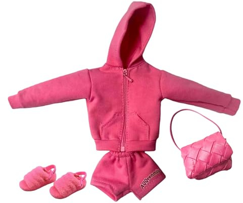 AQQeenmiu Fashion Doll Clothes Set, Pink Hoodie Outfit with Shorts, Bag and Shoes, for 11.5-12 Inch Dolls, 1/6 Scale Figure Clothing