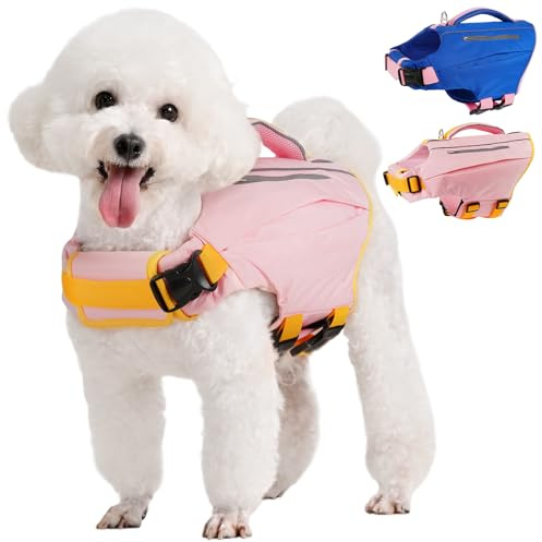 Kuoser Giubbotti di salvataggio per cani, aiuto galleggiante regolabile con manico, gilet di sicurezza per cani ad alto galleggiamento, per attività acquatiche e paddleboard, rosa, XS