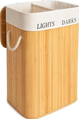 Cesta para Ropa Sucia de Bambú 150l, Cesta Ropa Sucia 2 Clasificaciones, con Asas de cuerda, Dormitorio, Natural