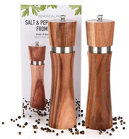 AUROMA Salz & Pfeffermühlen Set aus hochwertigem Akazienholz gefertigt | Modernes Design | Geschenkidee | Gewürzmühlen für Salz, Pfeffer, Chili & alle Arten von Kräutern | Keramikmahlwerk (21,5cm)