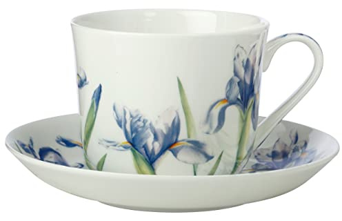 Maxwell & Williams JY0037 Floriade Iris - Taza con platillo, de porcelana china, multicolor, en caja de regalo