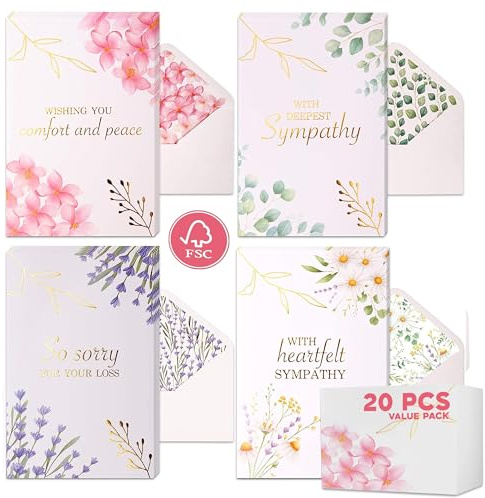 VNS Creations 20 blommiga sympatikort med kuvert, 10 x 15 cm blandade akvarell blommor och guldfolie kondoleationskort, bulkförpackade set med förlust gratulationskort paket