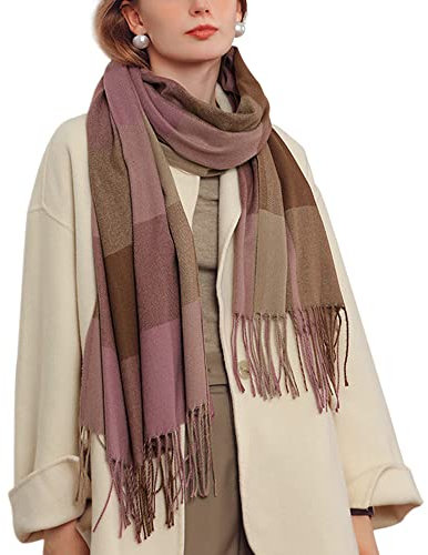 Camilife Damen Schal Klassisch Großer Kariert Lange Schal Shawl mit Fransen Elegant Damenschal aus Kaschmirimitat Webschal Winterschal Warm Weich Komfort für Herbst Winter 65×185cm - Braun Rosa Lila