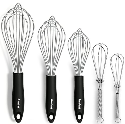 Anaeat Stainless Steel Kitchen Whisk Set of 5, Milk and Egg Beater Blender with Thick Wire for Whisking, Cooking, Baking, Beating and Stirring - 5+7 Mini Whisk and 9''+11''+12'' Balloon Whisks