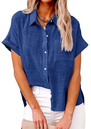 Sawmew Kortärmad Jeansskjorta Dam Kortärmad Jeansskjorta Dam Med Rak Ficka Lös Topp Lös Sommar Jeansblus (Color : Navy blue, Size : XL)