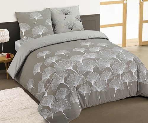 Vision - Parure de lit Flanelle Réversible - Ginko Beige - Housse de Couette 200 x 200cm avec 2 taies Assorties 65x65cm pour lit 2 Personnes - Flanelle: Doux et Chaude - Fibres Naturelles - Oekotex