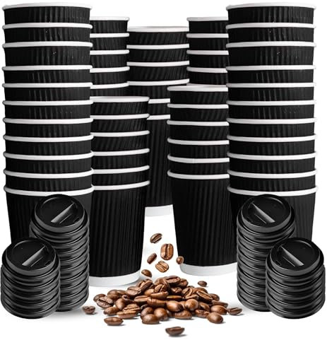 CHEF ROYALE 50 x 12ozBlack Ripple Disposable Coffee Cups with Lids - Insulated Triple Walled Takeaway Coffee Cups- Disposable Cups for Hot and Cold Drinks for Christmas,Birthdays Parties (50, 12oz)