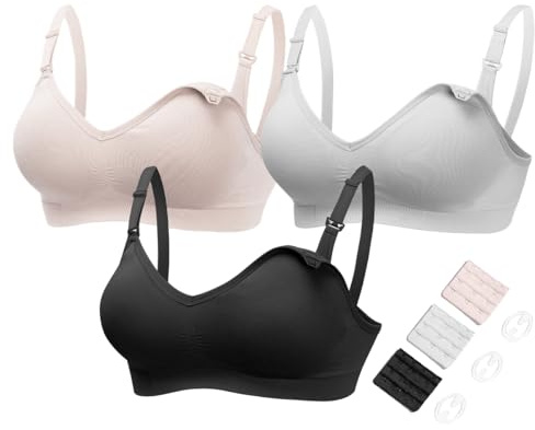 HOFISH Women's Maternity Nursing Bras Seamless 3 Pack Deep V Neck Push Up Bra for Breastfeeding with Extenders & Clips(BlackGreyElegantPink,L)