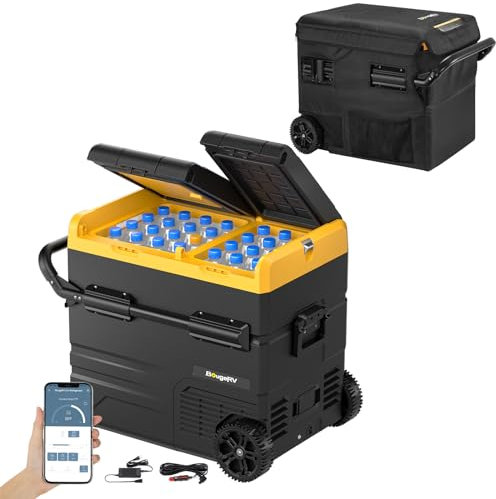 BougeRV Glacière compresseur 55 l (double zone) 12/24 V CC et 110-240 V CA avec housse portable de 55 l, couvercle de protection isolé étanche et résistant aux rayures
