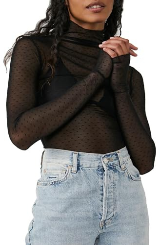 Springcmy Women Sexy Mock Turtle Neck Long Sleeve Sheer Mesh Ruched See Through Swiss Dots Going Out Layering Slim Fit Tops Streetwear (A-Black, XL)