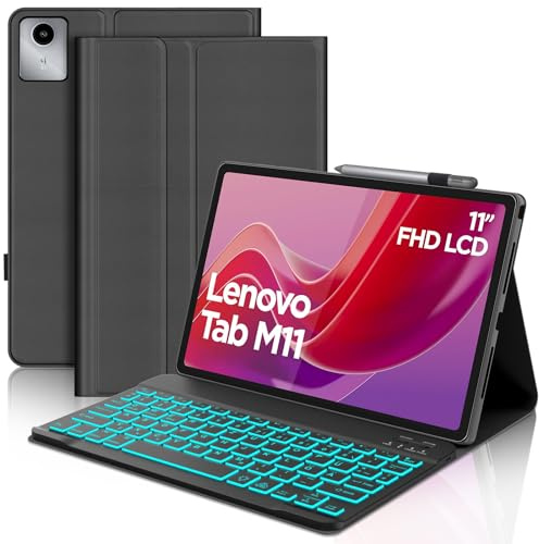 IVEOPPE Tangentbord för Tab M11, QWERTZ tyskt tangentbord, 7-färgad belysning, magnetiskt Bluetooth-tangentbord för Tab M11 11 tum 2024 (TB330FU/TB330XU), svart