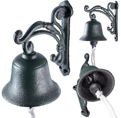KADAX Cloche de porte en fonte, cloche de jardin avec cordon, cloche murale décorative de style rustique, cloche pour porte extérieure, sonnette murale (vert)